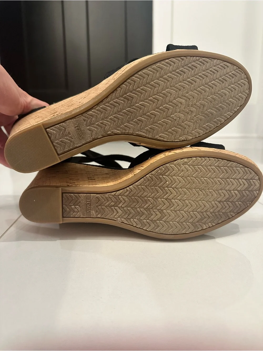 Toms Black Cork Wedge Sandals